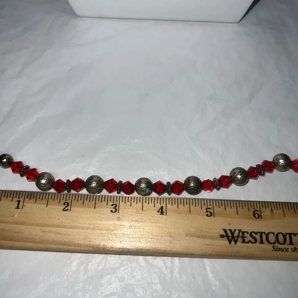 Vintage Boho Silver Tone And Orange Red Faceted Bead Bracelet